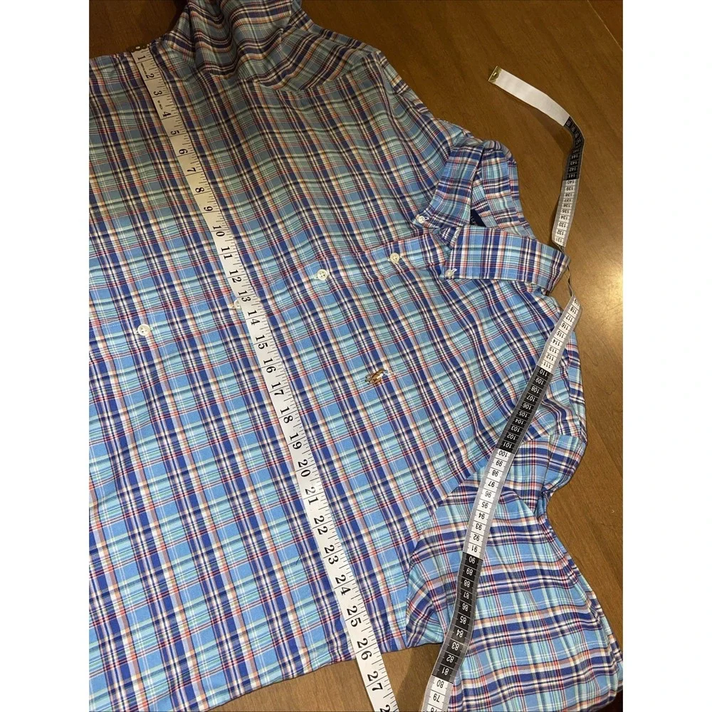 Ralph Lauren Flesh‎ Pony Slim Fit Stretch Oxford Men XXL Blue Plaid Long Sleeve